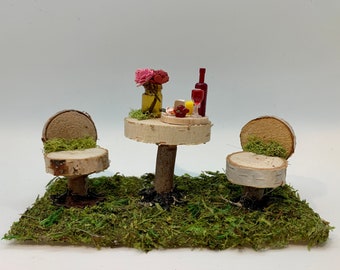 Fairy Garden Romantic Dining Set, Handmade Fairy Furniture, Miniature Food, Dollhouse Accessories, Fairy Table and Chair, Valentines Gift