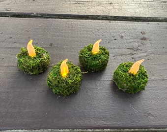 Moss Tealights, set of 4. Battery operated with on-off switch. Moss-covered tealights for wedding, party, showers, centerpieces, garden.