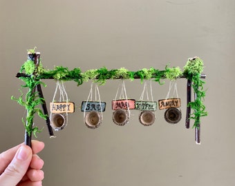 Mood Swings - Mini Fairy Garden Swing set w/ Acorn Caps & Woodburned Signs - Education Activity - Fairy Playground -Custom Sign- Mini Swing