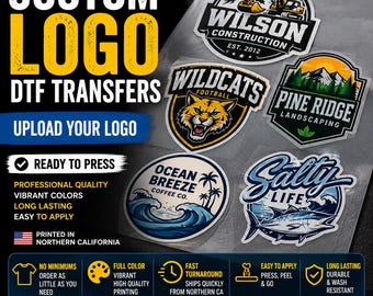 Custom Logo DTF Transfers | Upload Your Logo | Ready to Press DTF Heat Transfers | Business Shirt Logo Transfers