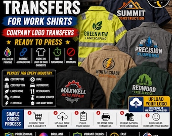 Custom DTF Transfers for Work Shirts | Company Logo Transfers | Uniform Heat Transfers | Ready to Press | Upload Your Logo