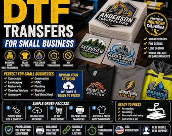 Custom DTF Transfers for Small Business | Business Logo Transfers | Ready to Press | Upload Your Artwork | Custom Work Shirt Transfers