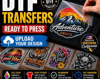 DTF Transfers Ready to Press | Custom DTF Heat Transfers | Upload Your Design | Full Color Shirt Transfers | No Minimum
