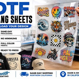 May include: A clear sheet of DTF gang sheets with various colorful graphic designs, including a smiley face, tiger, and skull. The sheet is held up, showcasing the designs. The image also displays apparel with printed designs and text that reads "New York Basketball", "Nirvana", and "Legends".