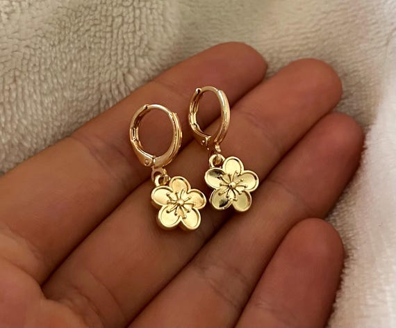 Gold Hibiscus Flower Earrings 18k Dainty Hoops