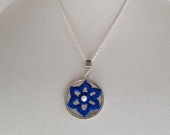 Handmade Crochet Blue Medallion Necklace