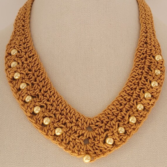 Beaded Crochet Necklace, Handmade, Statement, Unique Gold