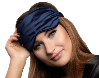 Pure Mulberry Silk Sleep Eye Mask, 22 Momme Grade 6A Silk, Hypoallergenic, Skin Friendly, Anti-Aging, Super Soft & Comfortable (Navy Blue)