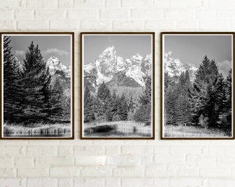 Grand Teton National Park, Set of 3 Art Prints, Black & White Wall Art, Nature Photography, Triptych 3-Piece Wall Art, Jackson Hole Poster,