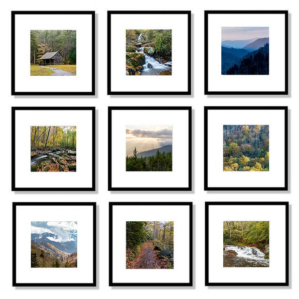 Smoky Mountain National Park, Wall Set, Square Prints, Set of 9 prints, 4x4, 5x5, 8x8, 10x10, 12x12, Wall Decor, Gallery Wall, Gift Set