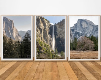3-teiliges Set Art Prints, Yosemite-Nationalpark, Brautschleier-Fall, El Capitan, Half Dome, Fotografie, Wandkunst-Drucke, 3-teilige Fotodrucke