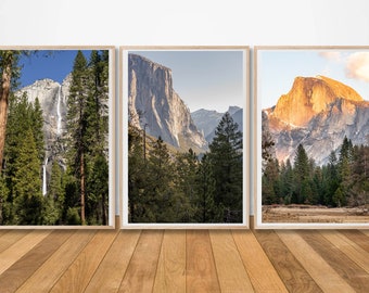 May include: Three framed photographs of Yosemite National Park. The first photo shows a waterfall cascading down a rocky cliff face, framed by lush green trees. The second photo shows a panoramic view of the valley, with towering granite cliffs and a forest in the foreground. The third photo shows Half Dome, a granite dome, bathed in golden light at sunset.