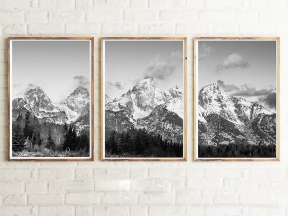 Grand Teton National Park, Black & White, Set of 3, Wall Art, Triptych 3-Piece Wall Art, Jackson Hole, Poster, Tetons, ,