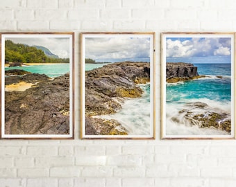 Hawaii Art Piece, Rocky Coast, Set of 3, Art Prints, Wall Art, Lumahai Beach, Triptych, 3-Piece Wall Art, Kauai Island,  Art,