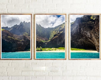 Hawaii Art, Kauai, Napali Coast, 3 Art Prints, Wall decor, Nature Photography, Triptych 3-Piece Wall Art, Poster, panoramic, Premium print