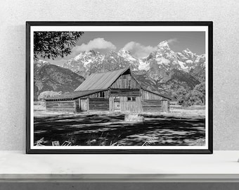 Mormon Barn Grand Tetons, Black & White, Jackson Hole Wyoming, National Park, photographyWall Art, Mountain, Fine Art, triptych,  Art