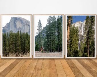 Set of 3 Art Prints, Yosemite National Park, Pine Trees, Red Church, Half Dome, Photography , Wall Art, 3-Piece ,  Art,