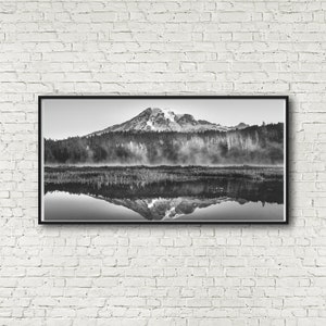 Mount Rainier National Park, Panoramic Art, Black and White, Seattle, Wall Art, Reflection, Travel Poster,  National Park Poster, Art Prints