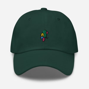 May include: A dark green baseball cap with an embroidered parrot design. The parrot is green, yellow, blue, and pink.