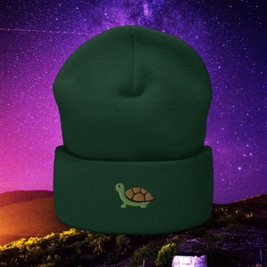 Puede incluir: Un gorro verde oscuro con un pequeño diseño de tortuga bordado. El gorro está hecho de un tejido suave y de punto.