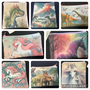 May include: Collage of nine different zippered pouches with various designs. The pouches feature images of dinosaurs, unicorns, and a volcano. The pouches are all different colors and have a variety of patterns.