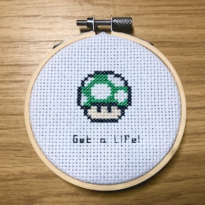 1-Up Mushroom Get a Life! Super Mario inspired Cross Stitch Pattern