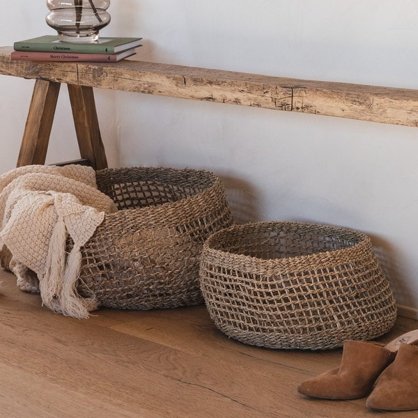 Round Seagrass Storage Basket for Home Organization, Floor Basket for Blankets, Organic Boho Decor Handwoven Basket, Housewarming Gift Ideas