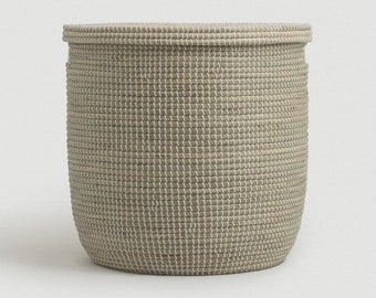 Large White Storage Basket with Lid and Handles for Organization, Laundry Hamper Basket, Handwoven Coiled Tall Round Basket for Blankets