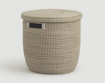 Medium White Storage Basket with Lid and Handles for Organization, Laundry Hamper Basket, Handwoven Coiled Tall Round Basket for Blankets
