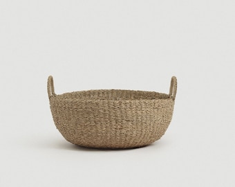 Small Round Floor Basket with Handles for Blankets and Pillows, Handwoven Seagrass Basket, Kids Toy Storage & Organization, Magazine Basket