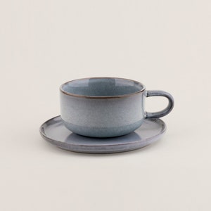 Blue-Grey Cappuccino Mug with Saucer | Hand-Finished Ceramic Mug | Modern Mug | Scandinavian Design | Drinkware | Coffee Mug | Stoneware