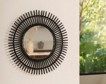 Black Rattan Mirror | Wall Decor | Round Mirror | Boho Home Decor | Chic Mirror | Decorative Mirror | Nordic Scandinavian Sun Mirror