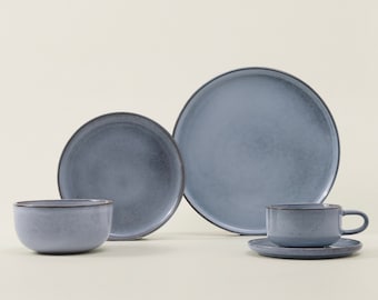 Piatti e ciotola per stoviglie blu-grigio / Set di stoviglie da 4 / Ceramica rifinita a mano / Stoviglie / Piatti da insalata / Piatti piani