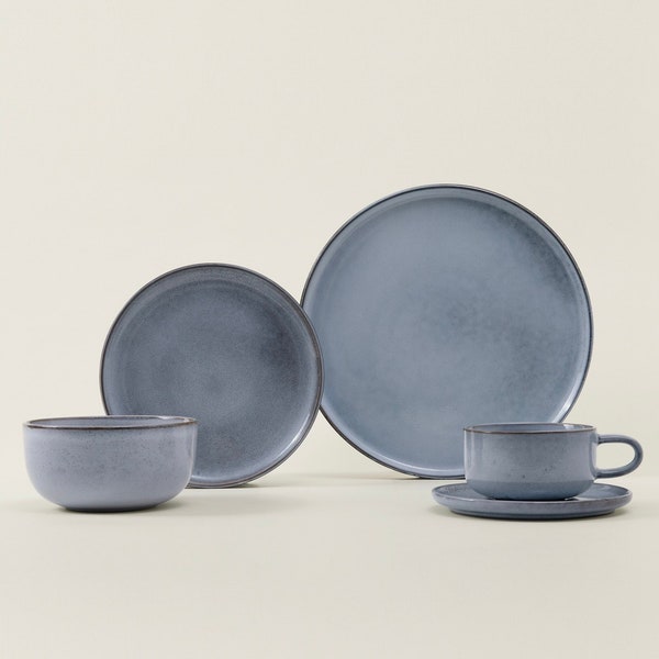 Blue-Grey Dinnerware Plates and Bowl | Dinnerware Set of 4 | Hand-Finished Ceramics | Tableware | Salad Plates | Dinner Plates