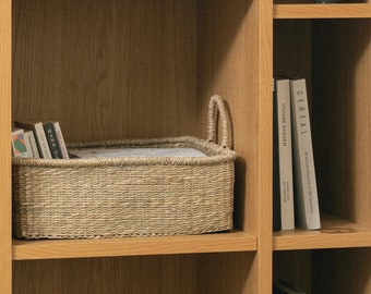 Rectangular Storage Basket with Handles for Shelf Closet Organization, Handwoven Seagrass Basket, Bathroom Basket for Towels, Magazine Bin