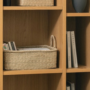 Rectangular Storage Basket with Handles for Shelf Closet Organization, Handwoven Seagrass Basket, Bathroom Basket for Towels, Magazine Bin