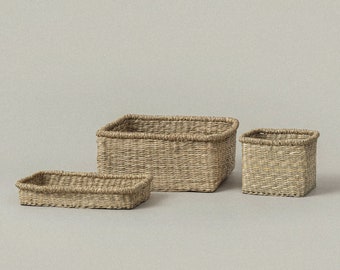 Shelf Storage Baskets Set of 3 for Countertop Organization, Small Handwoven Square Basket for Bathroom Organizing, Kitchen Storage Basket