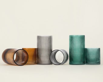 Large Fluted Glass Vase | Decorative Vase | Smoky Glass | Amber Glass | Green Glass | Flower Vase | Minimal Vase | Centerpiece