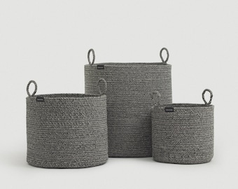 Gray Cotton Rope Basket with Handles for Blankets & Pillows, Round Coiled Rope Decorative Floor Basket, Kids Toy Storage and Organization