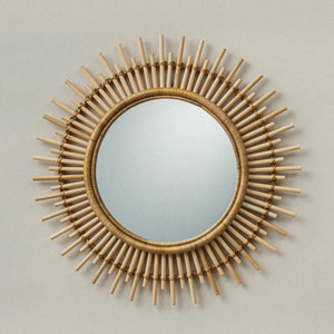 Natural Rattan Mirror | Wall Decor | Round Mirror | Boho Home Decor | Chic Mirror | Decorative Mirror | Nordic Scandinavian Sun Mirror