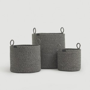 Gray Cotton Rope Basket with Handles for Blankets & Pillows, Round Coiled Rope Decorative Floor Basket, Kids Toy Storage and Organization image 1