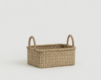 Small Rectangular Basket Set of 2, Storage Basket with Handles for Shelf and Closet Organization, Handwoven Seagrass Basket for End Table