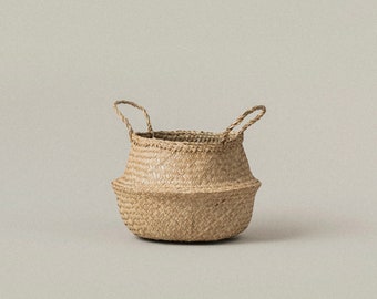 Small Belly Baskets Set of 2, Foldable Seagrass Basket, Boho Decor Handwoven Planter Basket, Storage and Closet Organization Catchall Basket