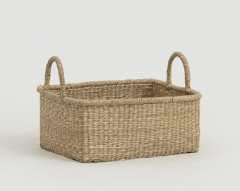 Large Rectangular Storage Basket with Handles for Shelf and Closet Organization, Handwoven Seagrass Basket, Bathroom Basket for Towels
