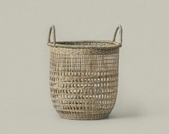 Medium Tall Storage Basket with Handles for Home and Closet Organization, Handwoven Seagrass Boho Round Basket, Basket for Kids Rooms