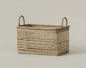 Medium Rectangular Storage Basket with Handles for Home and Closet Organization, Handwoven Boho Farmhouse Decor Shelf Seagrass Basket