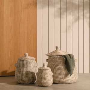 Round Basket with Lid and Handles Storage & Laundry Hamper Handwoven Natural Coiled Seagrass Basket Wicker Basket Tall Basket image 1