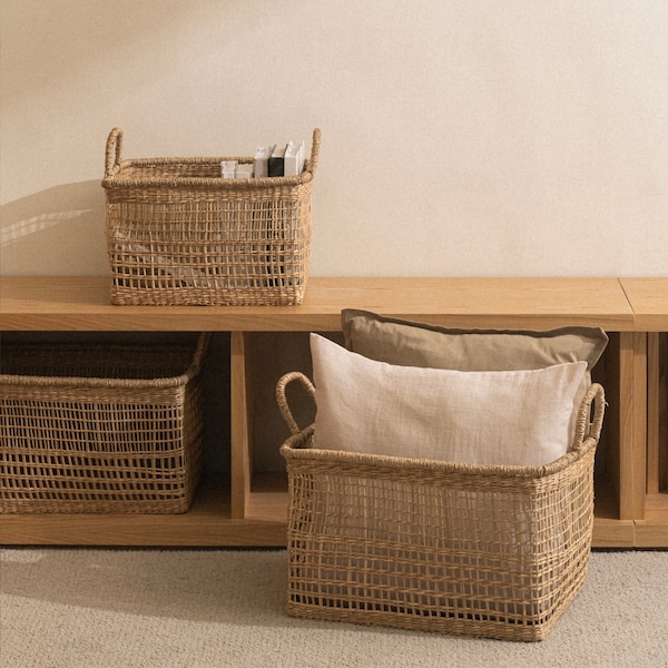 Rectangular Storage Basket with Handles for Home and Closet Organization, Basket for Blankets & Pillows, Shelf Organizing Basket