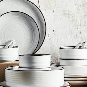 White Speckled Glazed Ceramic Plates FINAL SALE | Dinnerware | Mid-Century Rustic Design | Salad Plate | Dinner Plate | Dining Set