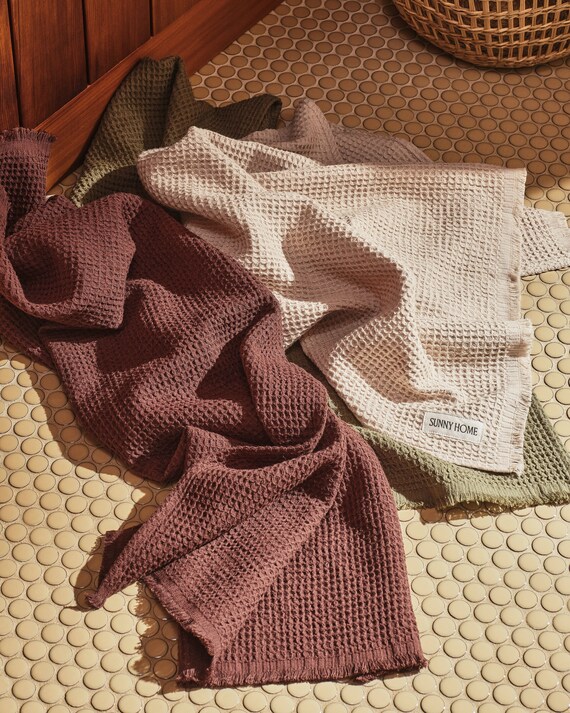 BATH TOWELS Cotton Linen Large Green and Brown Organic Soft Waffle Quick  Dry